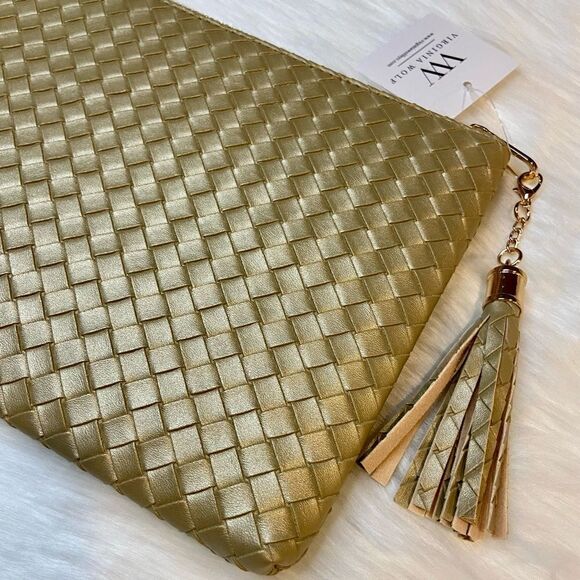 NWT Virginia Wolf Mimi Woven Gold Metallic Pouch Clutch Bag - Picture 4 of 13